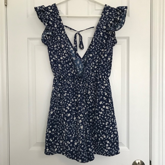 SHEIN Deep V-Neck Frill Tie Accent Floral Romper XS Dark Navy Blue White - Picture 10 of 16